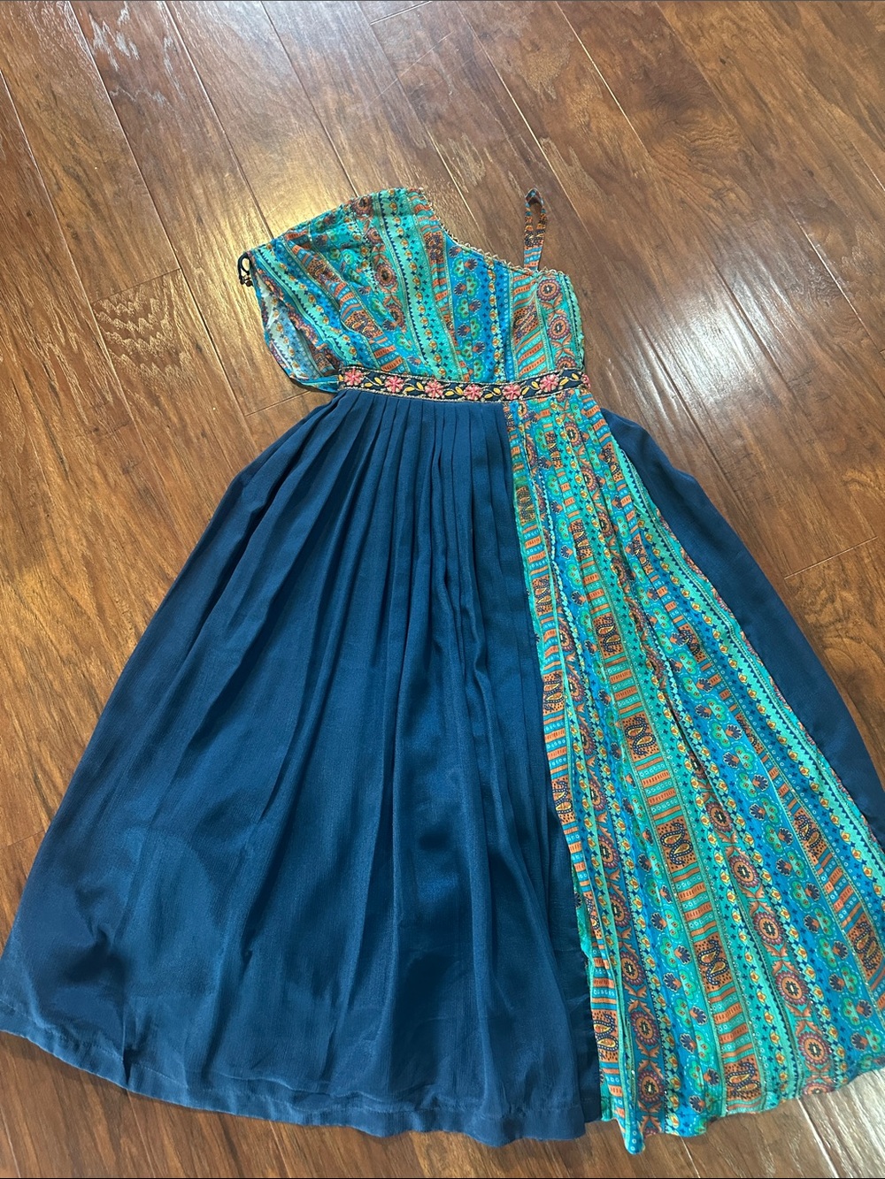Blue and Turquoise Printed One-Shoulder Kids  Dress